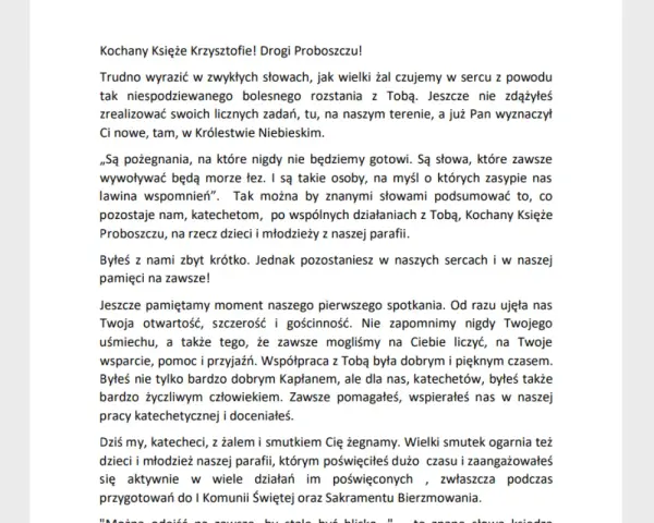 Wzór pożegnania zmarłego księdza proboszcza, czytany przez katechetów. Wyrazy żalu i wdzięczności za wspólny czas.