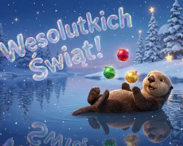 Wesołych Świąt! Wydra bawi się bombkami w zimowej scenerii, jakby czytała wierszyki na Boże Narodzenie.
