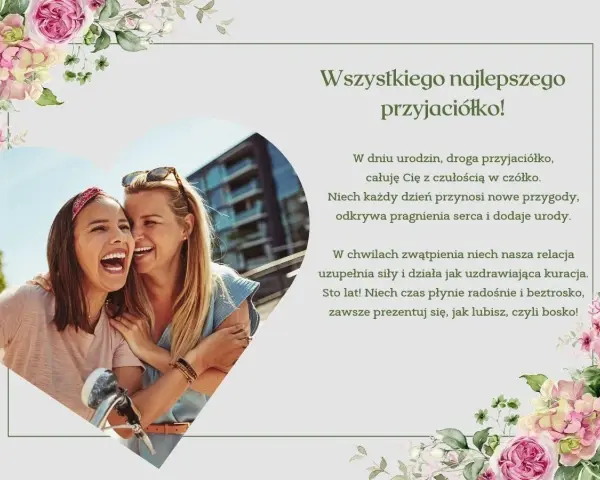 Krótkie życzenia urodzinowe dla koleżanki: dwie przyjaciółki śmieją się, otoczone kwiatami.