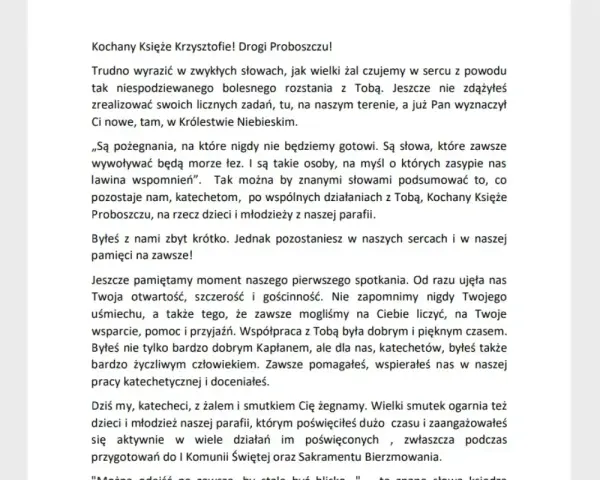 Wzór pożegnania rodziny w imieniu zmarłego. List od katechetów wyraża głęboki żal po odejściu księdza, wspominając jego dobroć i zaangażowanie.