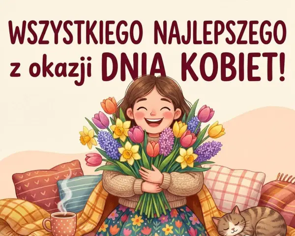 Uśmiechnięta dziewczynka z bukietem wiosennych kwiatów, kotek i kubek gorącej czekolady. Najlepsze życzenia z okazji Dnia Kobiet!