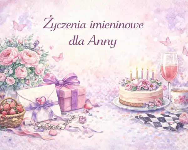 Urocza kartka z okazji imienin Anny: bukiet róż, tort, prezenty, koszyk truskawek i napoje.