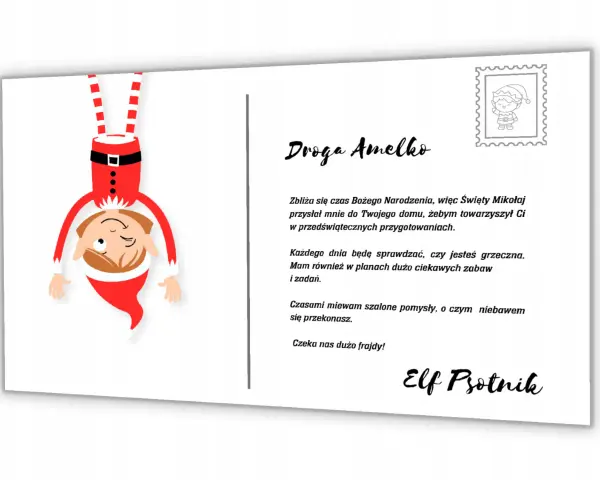 Uroczy elf na półce, ubrany w czerwony strój Mikołaja, wesoło zwisa z góry. Pisze list do Amelki, zapowiadając świąteczne psoty i zabawy.