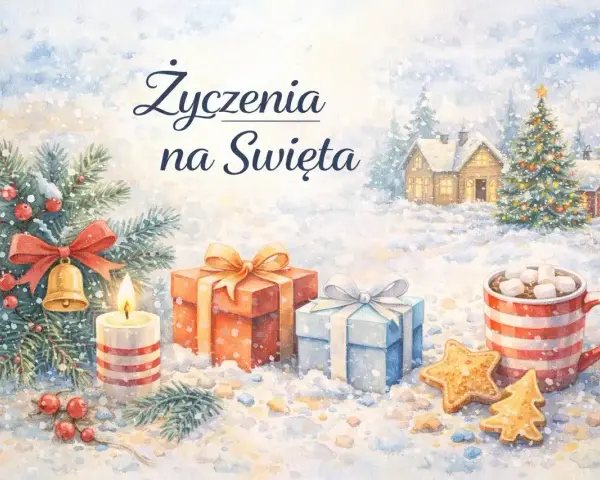 Życzenia na Święta: prezenty, choinka, świeca i kubek gorącej czekolady. Niech będą to zdrowych spokojnych świąt.