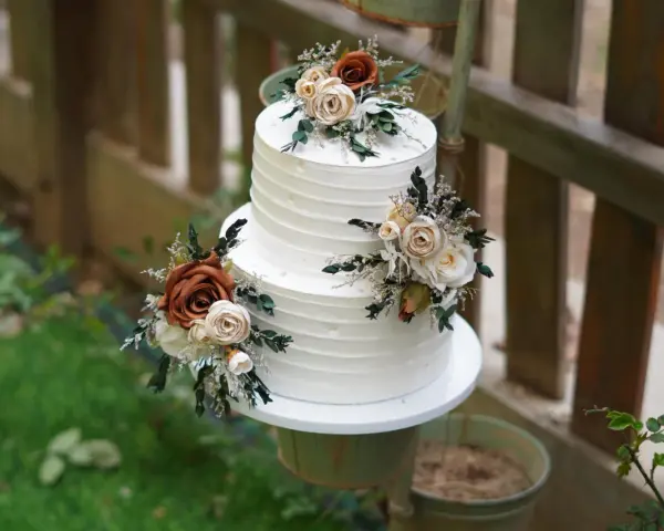 Elegancki tort weselny z białym kremem, ozdobiony bukietami kwiatów w odcieniach brązu i kremu. Wygląda jak tort z margaretkami, idealny na rustykalne przyjęcie.