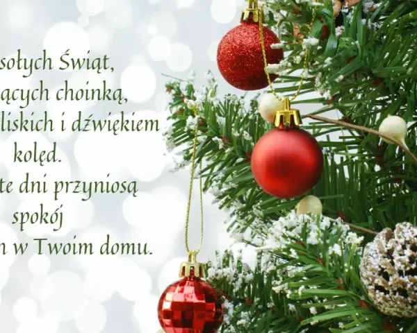 Wesołych Świąt! Piękna choinka, ciepło bliskich i dźwięk kolęd. Niech te dni przyniosą spokój i uśmiech. Idealne życzenia na święta bożego narodzenia sms.