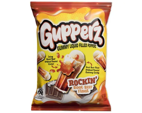 Opakowanie Gupperz z gumą o smaku root beer float. Płynne nadzienie i żelki w kształcie lodów.