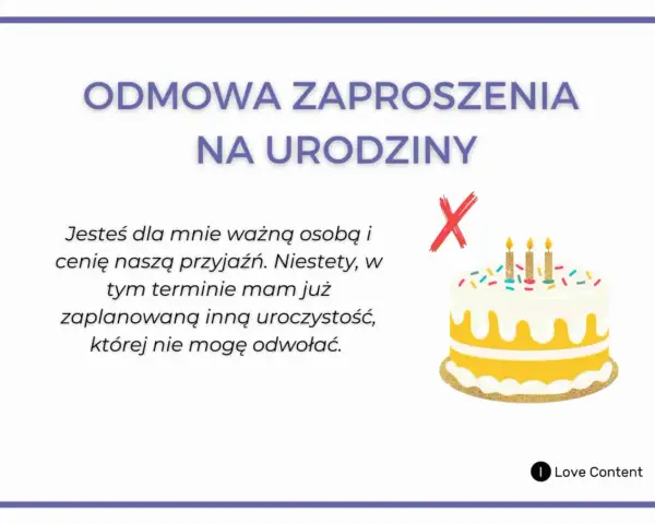 Jak grzecznie odmówić zaproszenia przykłady: tekst o odmowie urodzinowych, z tortem i przekreślonym zaproszeniem.