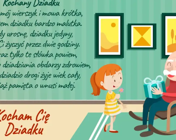 Piękne życzenia urodzinowe dla wnuczki dla ukochanego Dziadka. Wnuczka wręcza prezent i kwiatka.
