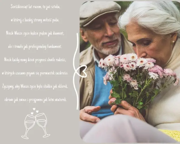 Para świętuje 60 rocznicę ślubu. Kobieta wącha bukiet kwiatów, mężczyzna patrzy z czułością.