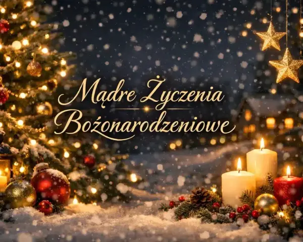 Śnieżna noc, choinka, świece i gwiazdy tworzą magiczną atmosferę. Niech te mądre życzenia bożonarodzeniowe przyniosą Ci radość i spokój.