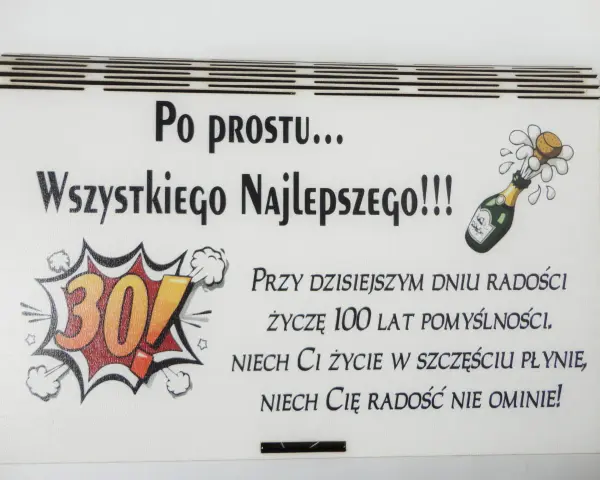 Wyjątkowe życzenia na 30 urodziny dla faceta: "Po prostu wszystkiego najlepszego!". Z korkiem wystrzeliwującym z butelki szampana i liczbą 30.
