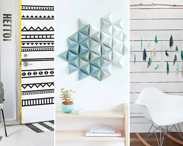 Inspirujące dekoracje DIY: drzwi w etniczne wzory, geometryczna ozdoba na ścianę i piórka-girlanda.