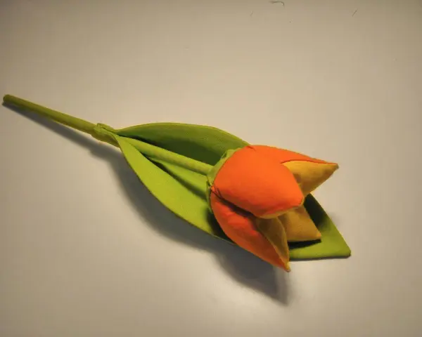Pomarańczowo-żółty tulipan z zielonym liściem, jak suszyć tulipany, by zachować ich piękno.