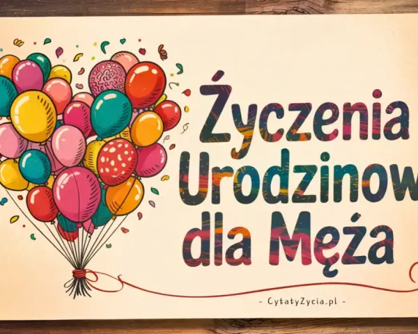 Kolorowe balony unoszą się, tworząc serce, a napis "Życzenia urodzinowe dla Męża" zapowiada radosne świętowanie.