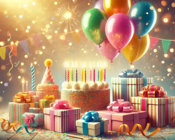 Wspaniałe życzenia na 50 urodziny! Tort, prezenty, balony i konfetti tworzą magiczną atmosferę.