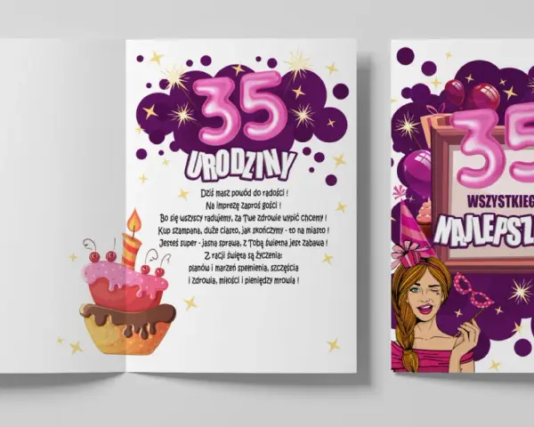 Wesołe życzenia na 35 urodziny z tortem i balonami. Jubilatce życzymy spełnienia marzeń, szczęścia i miłości.