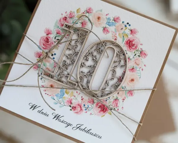 Elegancka kartka z napisem "W dniu Waszego Jubileuszu" i ażurowymi cyframi "10" na tle wianuszka z różowych kwiatów. Idealna na 10 rocznicę ślubu.