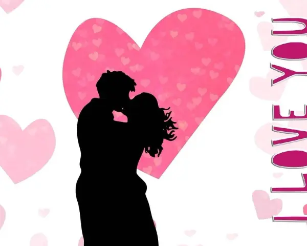 Para uczczenia światowy dzień miłości, całuje się na tle różowych serc. Napis "I LOVE YOU" dopełnia romantyczną scenę.