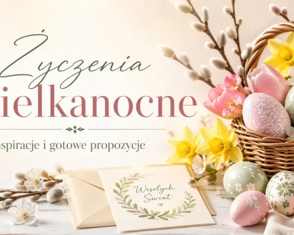 Wielkanocne inspiracje i mądre życzenia. Koszyk pełen barwnych pisanek, tulipanów i żonkili.