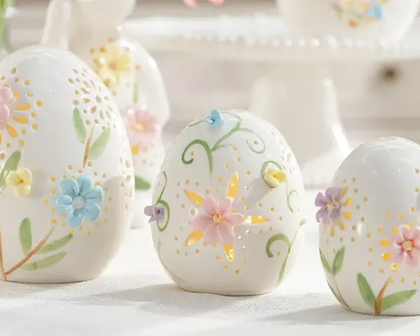 Białe, ceramiczne jajka z pastelowymi kwiatami i listkami, ozdobione ażurowymi wzorami. Te piękne symbole wielkanocne tworzą magiczną atmosferę.
