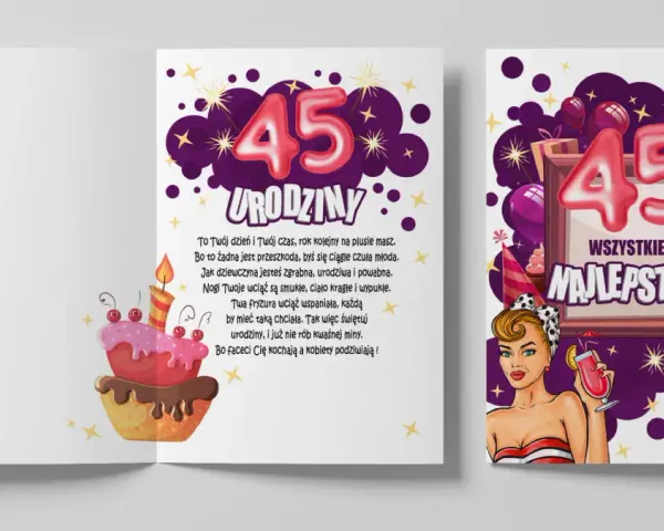 Wesołe życzenia na 45 urodziny z tortem i kieliszkiem drinka. Jubilatka w stylu pin-up świętuje 45 lat!