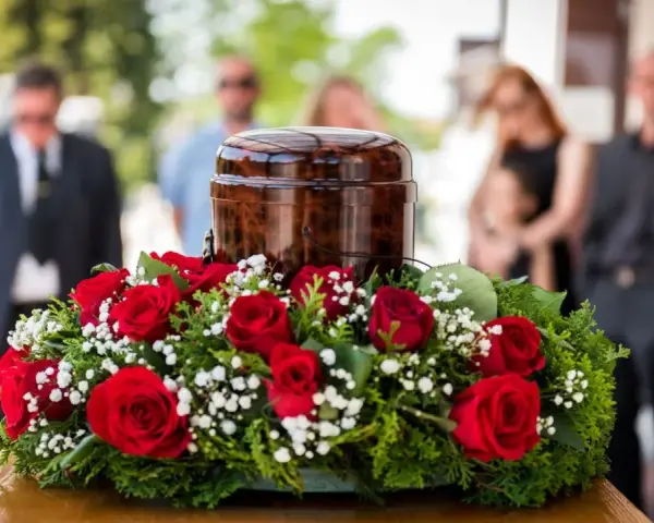 Czerwone róże i gipsówka otaczają urnę. Takie kwiaty na pogrzebie starszej osoby symbolizują miłość i pamięć.
