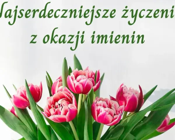 Piękne, różowe tulipany z zielonymi liśćmi. Napis "Najserdeczniejsze życzenia z okazji imienin" idealnie nadaje się na krótkie życzenia imieninowe dla dzieci.