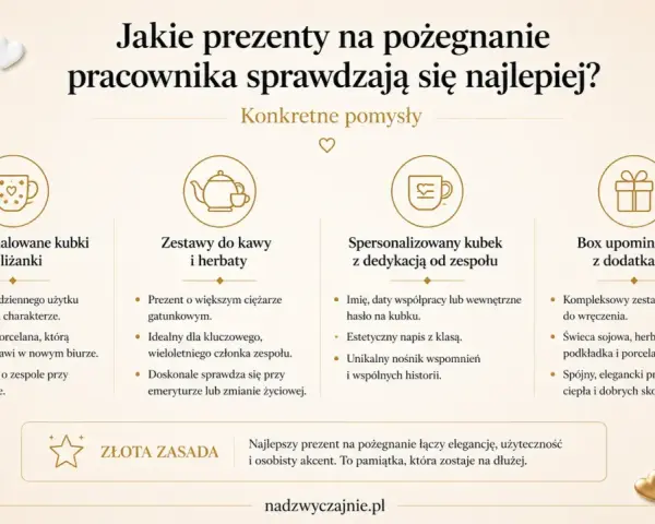 Pomysły na prezenty pożegnalne dla pracownika: ręcznie malowane kubki, zestawy do kawy, spersonalizowane kubki z dedykacją, boxy upominkowe.