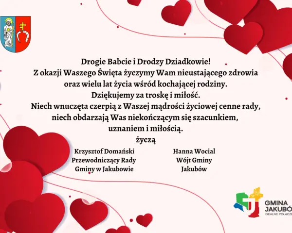 Życzenia świąteczne dla babci i dziadka z Gminy Jakubów. Serdeczne pozdrowienia i podziękowania za miłość.