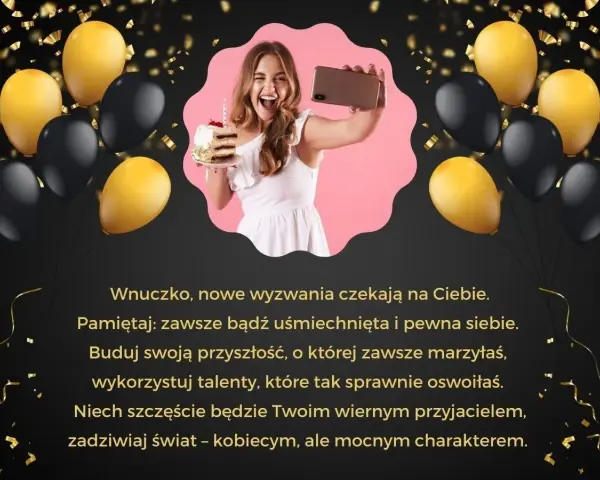 Wzruszające życzenia urodzinowe dla córki na 18. Uśmiechnięta dziewczyna z tortem i balonami.
