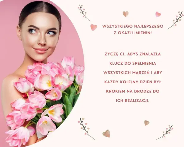 Kobieta z bukietem różowych tulipanów. Życzenia wszystkiego najlepszego w dniu imienin, by spełniały się marzenia.