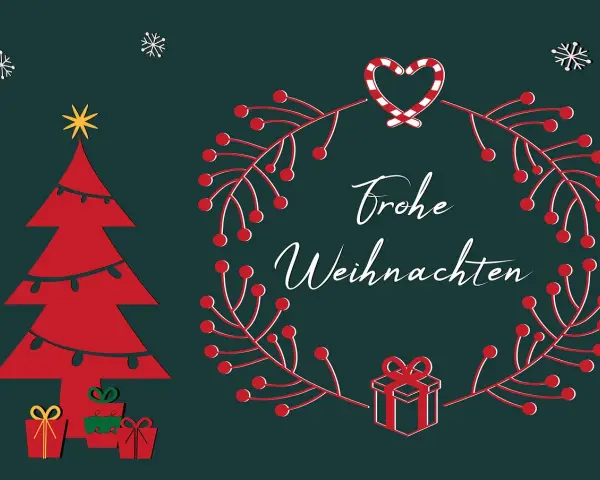 Wesołych Świąt! Kartka z choinką, prezentami i wiankiem z gałązek, a w środku życzenia na Boże Narodzenie po niemiecku.