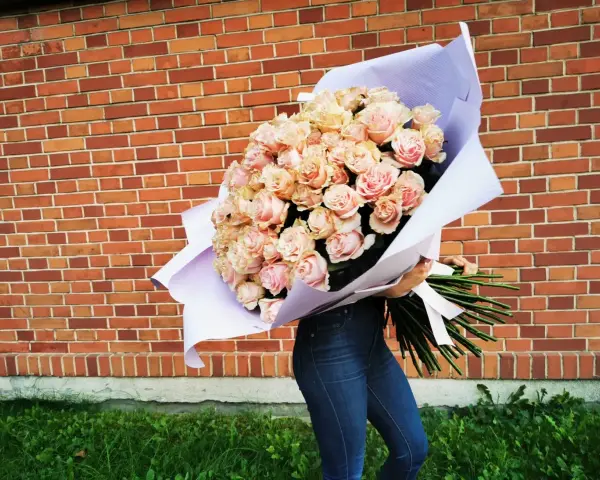 Ogromny bukiet 108 róż w odcieniach różu i brzoskwini, owinięty w fioletowy papier, trzymany przez osobę w dżinsach na tle ceglanej ściany.