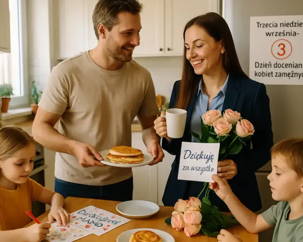 Rodzina świętuje dzień doceniania żony. Mąż podaje naleśniki, dzieci wręczają kwiaty i kartkę z podziękowaniami.