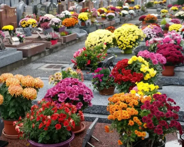 Kolorowe chryzantemy, idealne kwiaty na cmentarz zimą, zdobią nagrobki.