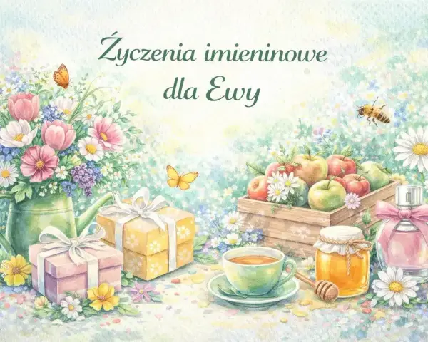 Tradycyjne życzenia imieninowe dla Ewy: bukiet kwiatów, prezenty, jabłka, miód i herbata.
