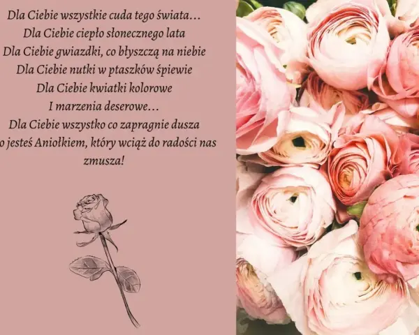 Krótkie życzenia urodzinowe na FB: bukiet róż i wiersz o aniołku.