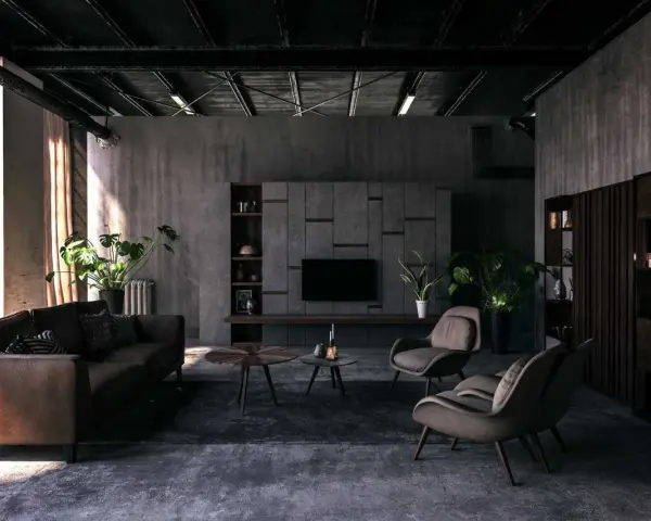 Nowoczesny salon z betonowymi ścianami, meblami w stylu hi-tech i roślinami. Styl hi-tech we florystyce podkreśla industrialny charakter wnętrza.