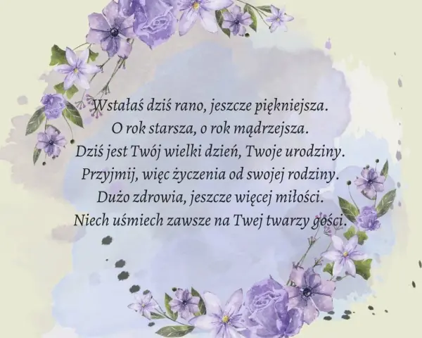 Wzruszające życzenia urodzinowe dla znajomego, otoczone fioletowymi kwiatami.