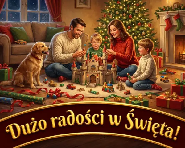 Rodzina buduje zamek z klocków przy choince, piesek patrzy. Wesołych Świąt!