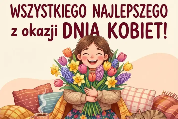 Uśmiechnięta dziewczynka z bukietem wiosennych kwiatów, kotek i kubek gorącej czekolady. Najlepsze życzenia z okazji Dnia Kobiet!