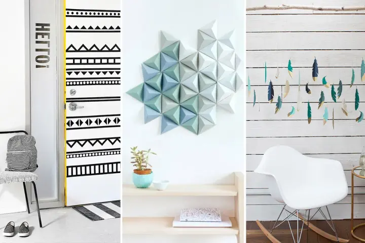 Inspirujące dekoracje DIY: drzwi w etniczne wzory, geometryczna ozdoba na ścianę i piórka-girlanda.