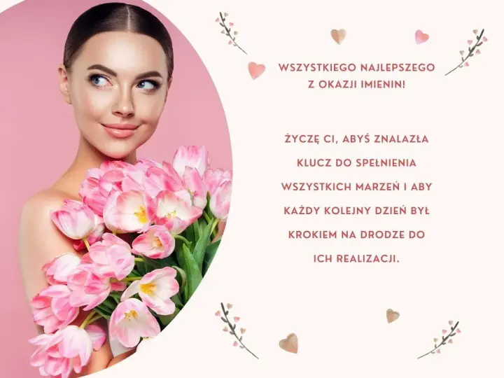 Kobieta z bukietem różowych tulipanów. Życzenia wszystkiego najlepszego w dniu imienin, by spełniały się marzenia.