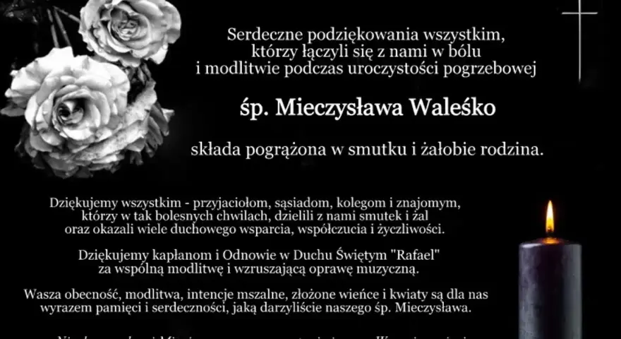 Wzór podziękowania za udział w pogrzebie śp. Mieczysława Waleśko. Rodzina dziękuje za wsparcie i pamięć.