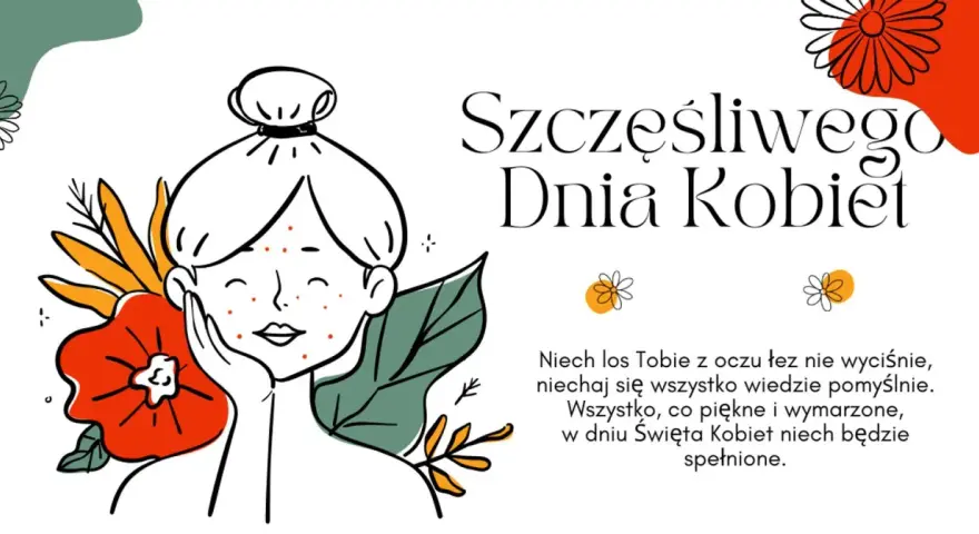 Ilustracja z napisem "Szczęśliwego Dnia Kobiet" i życzeniami. Uśmiechnięta dziewczyna z kwiatami.
