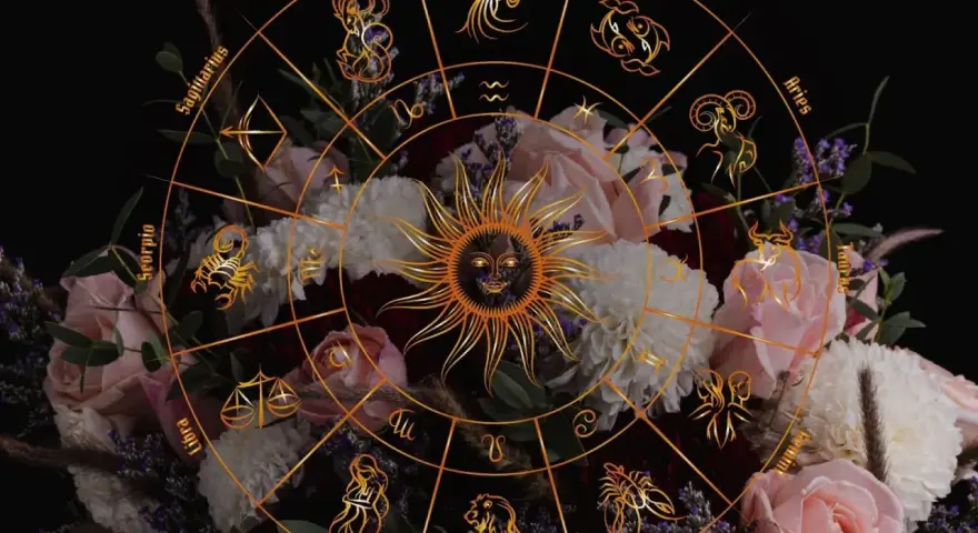 Zodiakalny krąg z symbolami i słońcem na tle bukietu róż. Kwiaty przypisane do miesięcy tworzą mistyczną oprawę.