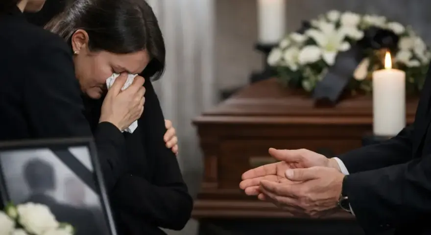 Smutna kobieta ociera łzy. W tle trumna i świece. Wskazówki, jak złożyć kondolencje na odległość, gdy nie można być blisko.