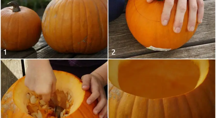 Przygotowanie wydrążonej dyni do Halloween. Krok po kroku: wybór, narysowanie linii cięcia, wydrążanie wnętrza i gotowa pusta dynia.
