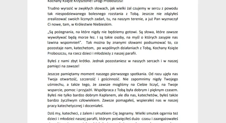 Wzór pożegnania zmarłego księdza proboszcza, czytany przez katechetów. Wyrazy żalu i wdzięczności za wspólny czas.